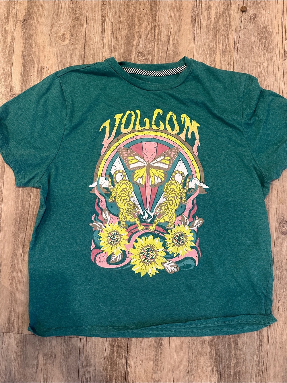 Volcom Teal Kids Graphic Tee with Sunflower, Butterfly & Tiger Art